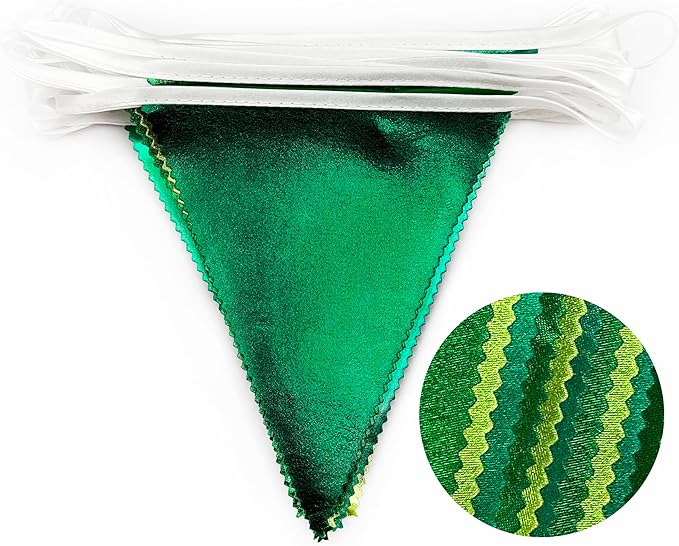 Gradient Green Party Decorations Metallic Fabric Ombre Green Triangle Pennant Banner Flag Bunting for Graduation Birthday Retirement Wedding Bachelorette Spring Summer St Patrick's Day Party Supplies