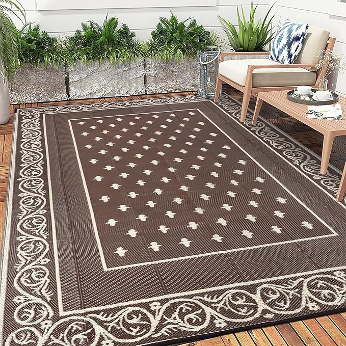 Pauwer Waterproof Outdoor Rug 10x14, Reversible Plastic Straw Patio Camping Rug, Indoor Outdoor RV Mat Carpet for Deck, Camper, Porch, Balcony, Backyard, Picnic, Bordered Brown
