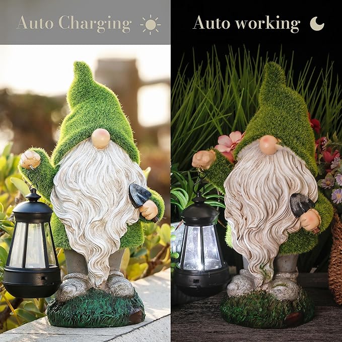 TERESA'S COLLECTIONS Christmas Outdoor Statue for Home, Resin Gnome Decorations with Solar Outdoor Lights for Garden Decor,Green Garden Sculptures & Statues for Front Patio Lawn, Gifts for Mom,8"