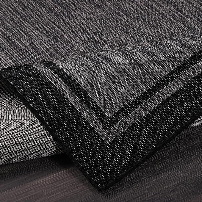 CAMILSON Indoor Outdoor Rug, 8x10 Bordered Dark Gray Black Modern Area Rugs for Indoor and Outdoor Patios, Kitchen and Hallway Mats, Washable Porch Deck Outside Carpet (Bordered Black, 8 x 10)