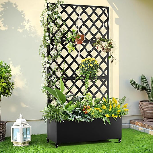 Metal Planter Trellis Box with Wheels & Drain Plug Outdoor Raised Garden Bed Patio Privacy Screen with Planter for Climbing Plants, Vegetables 73"x35"x16" Black-Diamond