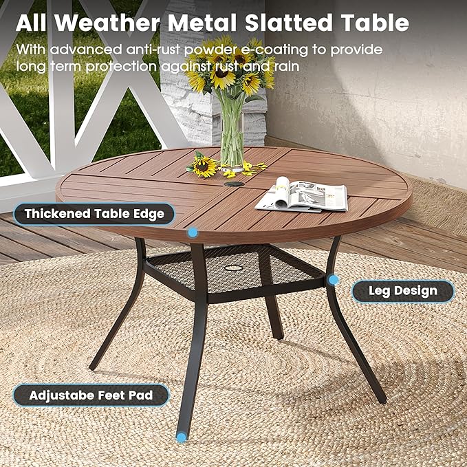 DIFY 40.6" Round Outdoor Patio Dining Table for 4, All-Weather Metal Steel Slatted Patio Table with 1.57" Adjustable Umbrella Hole, for Lawn Garden Porch Backyard, Walnut