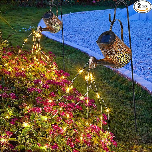 Glintoper 2 Pack Outdoor Solar Watering Can Garden Lights, Metal Waterfall Figurine Lights with Shepherd Hook, Decorative Yard Art for Mom, Mothers Day Ideal Gifts, for Patio Walkway Pathway Lawn