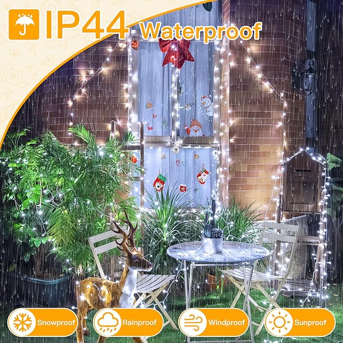 Ollny Outdoor String Lights 200LED 60FT, Cool White Connectable Plug in Fairy Light, 8 Modes Waterproof Timer Christmas Lights for Indoor Outside Bedroom House Party Wedding