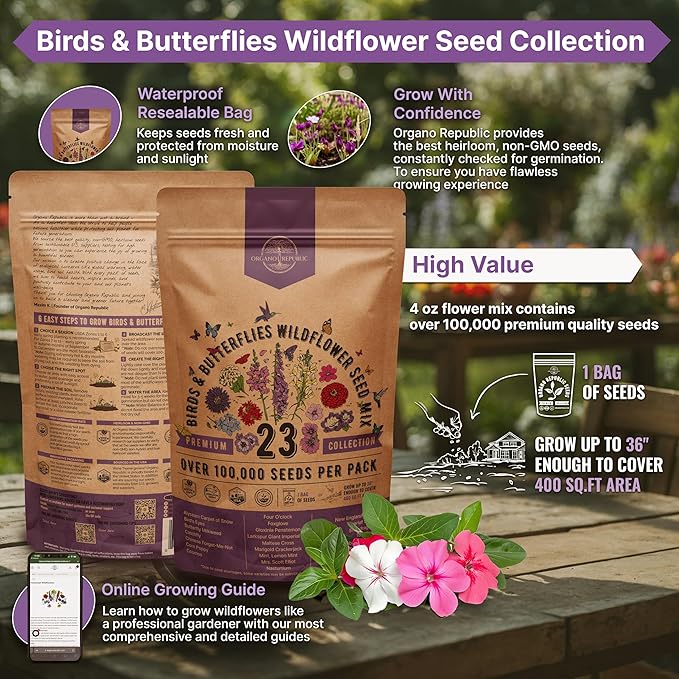 Organo Republic 23 Wildflower Seeds Annual & Perennial Mix for Indoor & Outdoors, Attract Birds & Butterflies 100,000+ Non-GMO, Heirloom Garden Seeds, 4oz Packet for Growing Wild Flowers