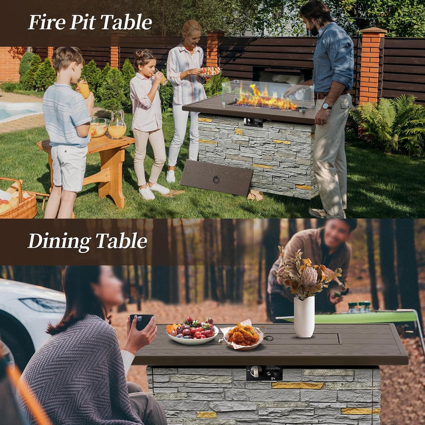 43¡± Propane Fire Pit Table Outdoor Rectangular Stone Firepit Table 50,000 Btu Propane Fire Tables for Outside Patio with Glass Wind Guard, Lid, Fire Glass Beads,Brown Rock Look