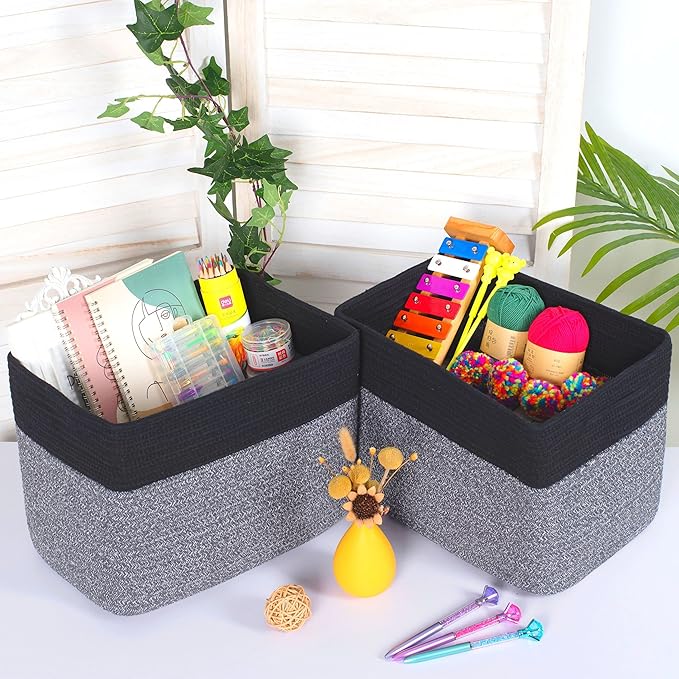 MINTWOOD Design Storage Basket for Shelves, Decorative Baskets for Organizing, Book Basket, Storage Cube Bin Box, Woven Closet Organizer, Pantry Closet and Shoe Basket, Black Grey Mix