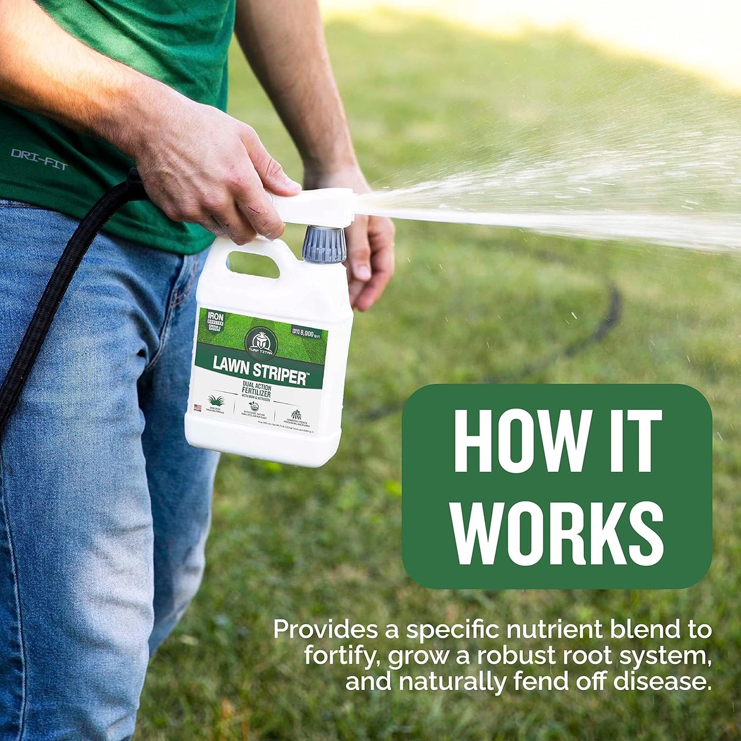 Turf Titan Lawn Striper Hose End – Iron & Nitrogen Fertilizer to Promote Dark-Green, Stripe-Defined Turfs – Kids & Pet Safe, Natural Lawn Fertilizer – Covers up to 8,000 Sq Ft