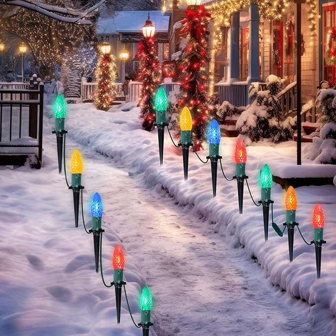 JOIEDOMI 30.75FT C9 Christmas Pathway Strawberry Stake Lights 24 LED, Multicolor Outdoor Faceted Walkway Decor with Marker Connectable for Holiday Xmas Yard Garden Lawn