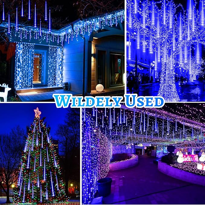 KNONEW Meteor Shower Lights 15 Inch 24 Tubes 672 LED Christmas String Plug-in Outdoor Waterproof Falling Rain for Wedding Party Garden Holiday Tree Decorations (Blue)