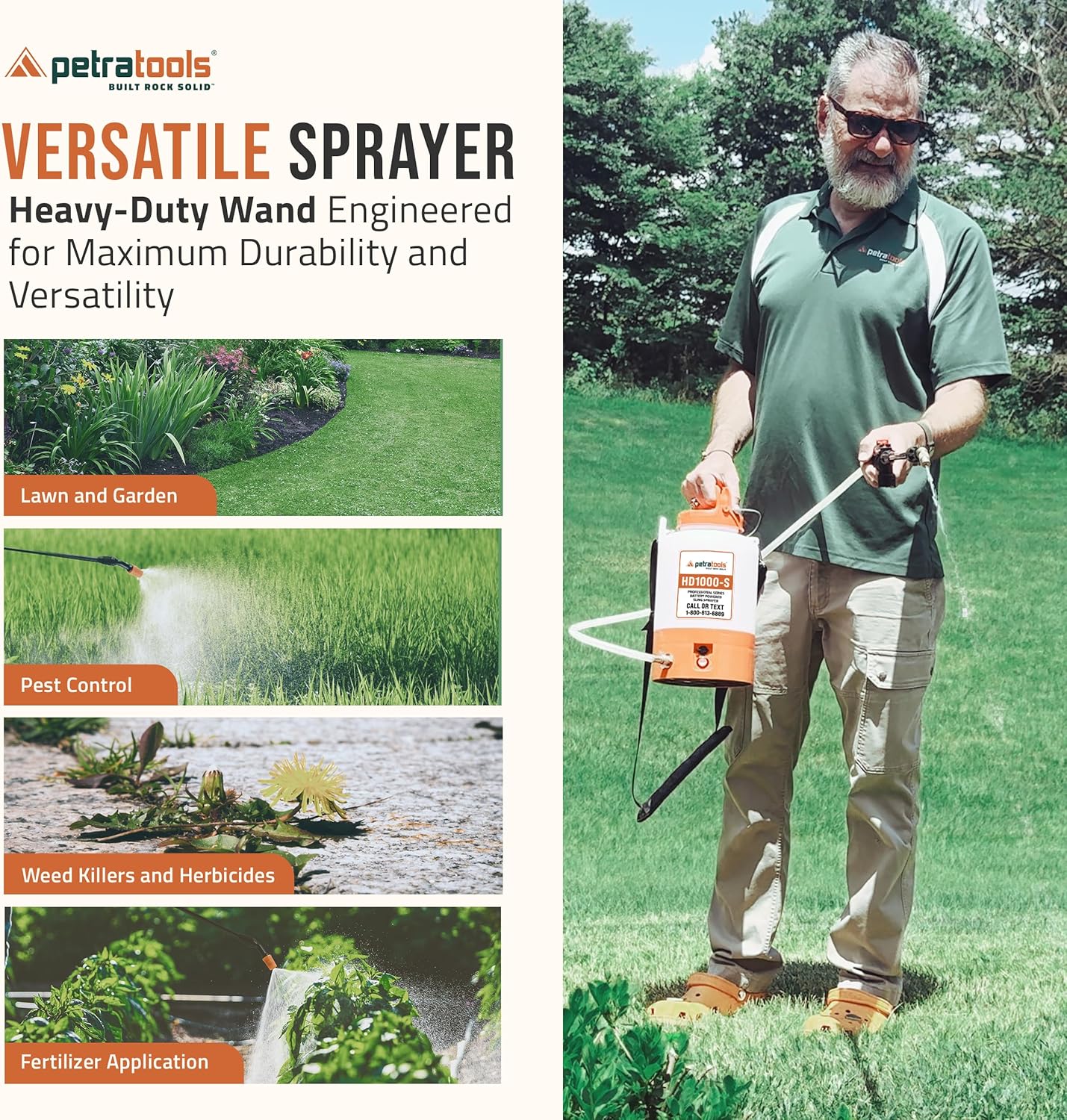 PetraTools Battery Powered Sprayer 1 Gallon - HD1000-S - Heavy Duty Electric Sprayers in Lawn and Garden for Weed/Pest Control, Watering & More - with 8 Nozzles & Strap (1 Gallon ProKit)