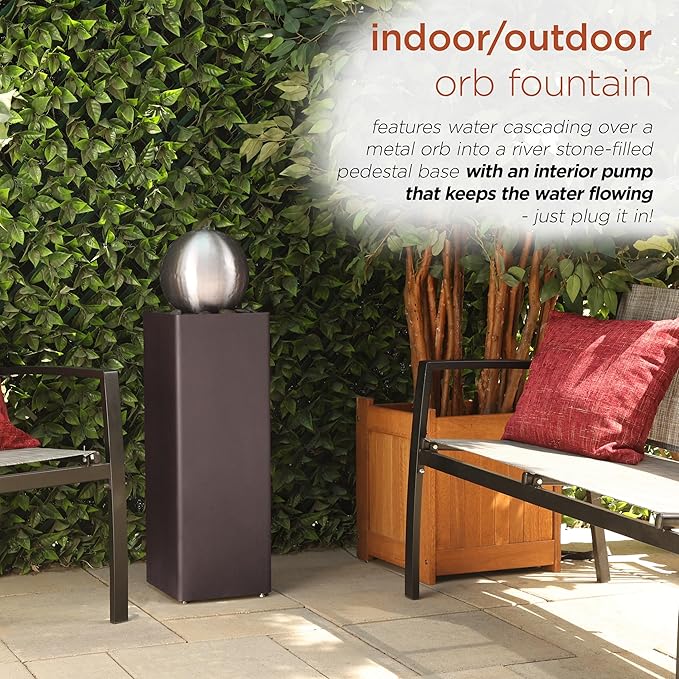 Alpine Corporation CPS188 Indoor Outdoor Modern Metal Orb Water Floor Fountain with River Rock Stone for Patio, Garden and Living Room, 37" H, Brown