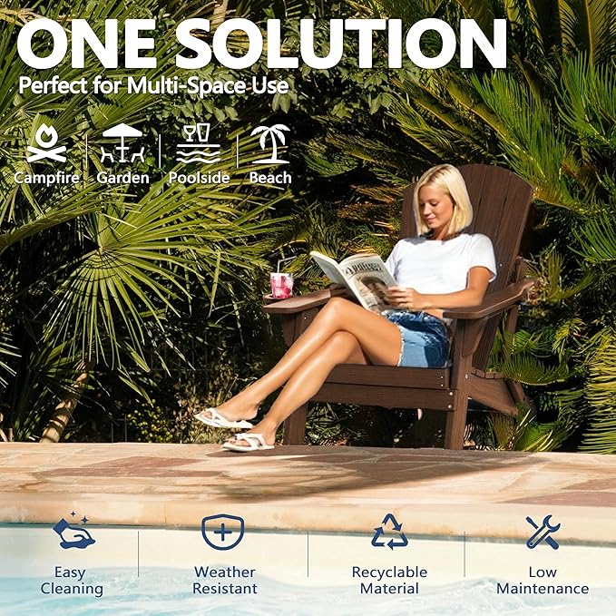 Folding Adirondack Chair Set of 2 with Cup Holder, HDPE All Weather Resistant Plastic Outdoor Patio Chairs, Heavy Duty Fire Pit Seating for Backyard Lawn Garden, Wooden Textured Design(Coffee)