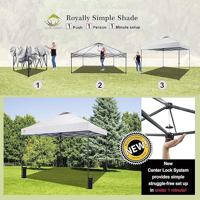 CROWN SHADES 10x10 Pop Up Canopy - Patented Center Lock One Push Instant Outdoor Canopy Beach Tent with STO-N-Go Bag 8 Stakes & 4 Sand Bags，White