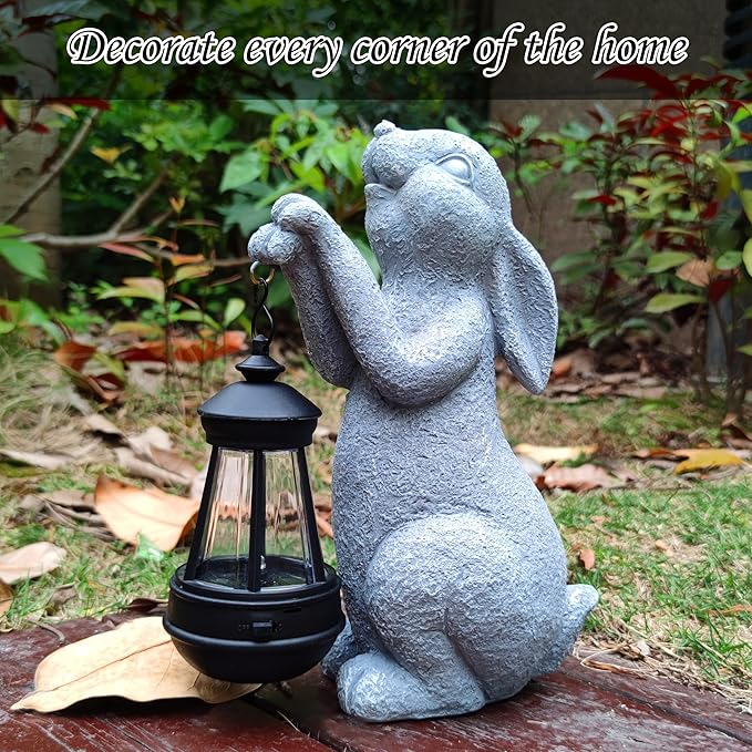 Rabbit Solar Garden Outdoor Statues,Resin Rabbit Figurine Decorations with Solar Lights Lantern, Outdoor Rabbit Art Decor for Lawn,Yard, Unique Housewarming Gift for Garden Home