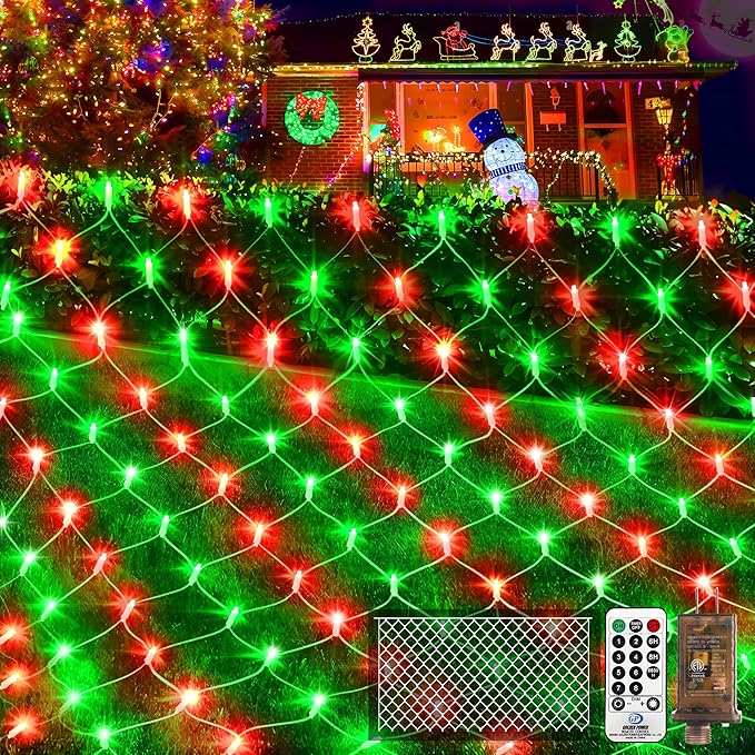 KNONEW Christmas Net Lights 360 LEDs 13ft x 9.8ft Outdoor Mesh Lights Connectable Waterproof 8 Modes & Timer Plug-in Net Fairy Lights for Bushes Garden Party Wedding Holiday,Red and Green