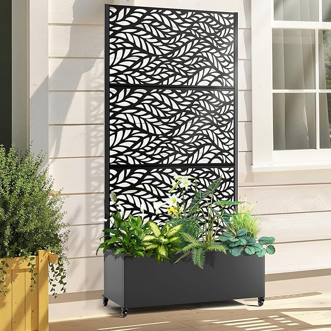 Raised Garden Bed with Trellis and Wheels,73"x35"x16" Metal Raised Garden Bed,Black Flowing Leaf Metal Planter with Climbing Trellis for Vines & Vegetables