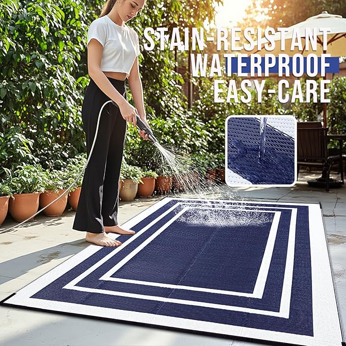 OLANLY Outdoor Rug 9x12 ft Waterproof, Reversible Outdoor Plastic Straw Rug, RV Mat, Indoor Outdoor Carpet Clearance for Patio, Camping, Balcony, Deck, Backyard, Navy & White