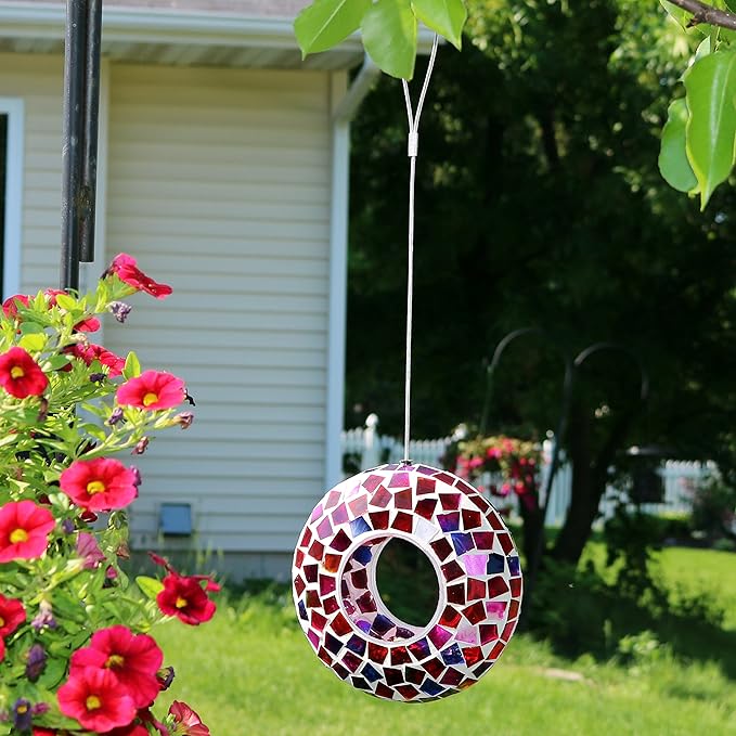 Sunnydaze 6-Inch Glass Mosaic Hanging Bird Feeder for Outdoors - Fly-Through Wild Bird Feeder - Crimson Mosaic