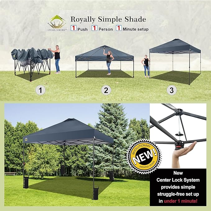 CROWN SHADES 10x10 Pop Up Canopy Tent - Patented Center Lock One Push Instant Outdoor Canopy Beach Tent with STO-N-Go Bag 8 Stakes & 4 Sand Bags，Grid Grey