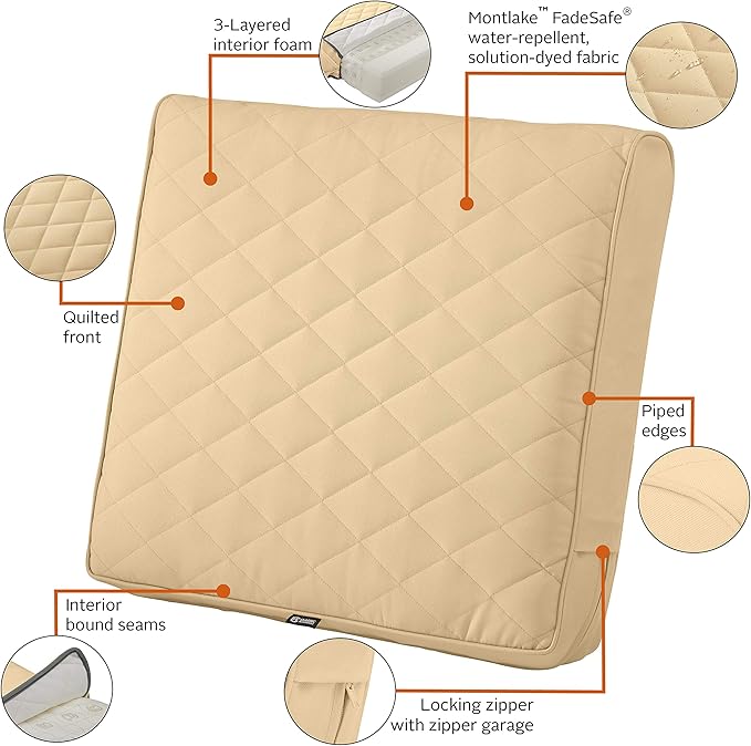 Classic Accessories Montlake FadeSafe Water-Resistant 21 x 20 x 4 Inch Wide Back Patio Quilted Lounge Cushion, Chamomile