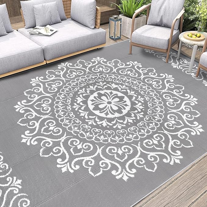Pauwer Waterproof Outdoor Rug 8x10, Reversible Plastic Straw Patio Camping Rug, Indoor Outdoor RV Mat Carpet for Deck, Camper, Porch, Balcony, Backyard, Picnic, Floral Grey