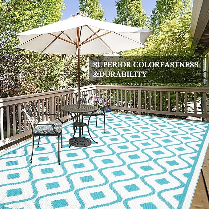 Pauwer Waterproof Outdoor Rug 6x9, Reversible Plastic Straw Patio Camping Rug, Indoor Outdoor RV Mat Carpet for Deck, Camper, Porch, Balcony, Backyard, Picnic, Geometric Teal