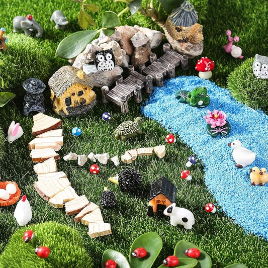 172Pcs Miniature Fairy Garden Accessories Including 100Pcs Fixed Pins, modacraft Fairy Garden Kit Fairy House Animal Figurines Mini Landscape for Garden Dollhouse Potted Plant Bonsai Terrarium Décor