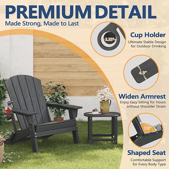 Folding Adirondack Chair with Cup Holder, HDPE All Weather Resistant Plastic Outdoor Patio Chairs, Heavy Duty Fire Pit Seating for Backyard Lawn Garden, Wooden Textured Design(Gray)