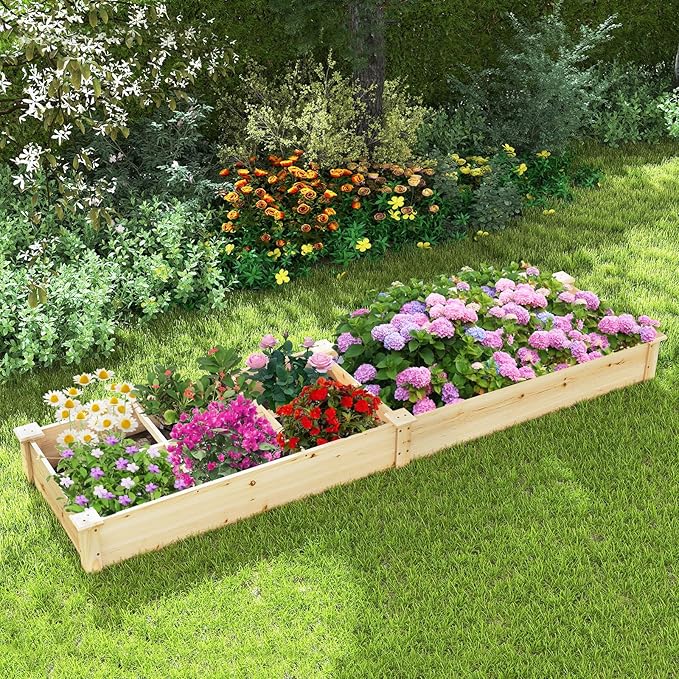 HAPPYGRILL Raised Garden Bed, Wooden Planter Raised Bed w/2 Garden Boxes, 7 Compartments, DIY Painting Available, Elevated Planter Box for Patio Garden Backyard Lawn Gardening, 90” x 25” x 10”