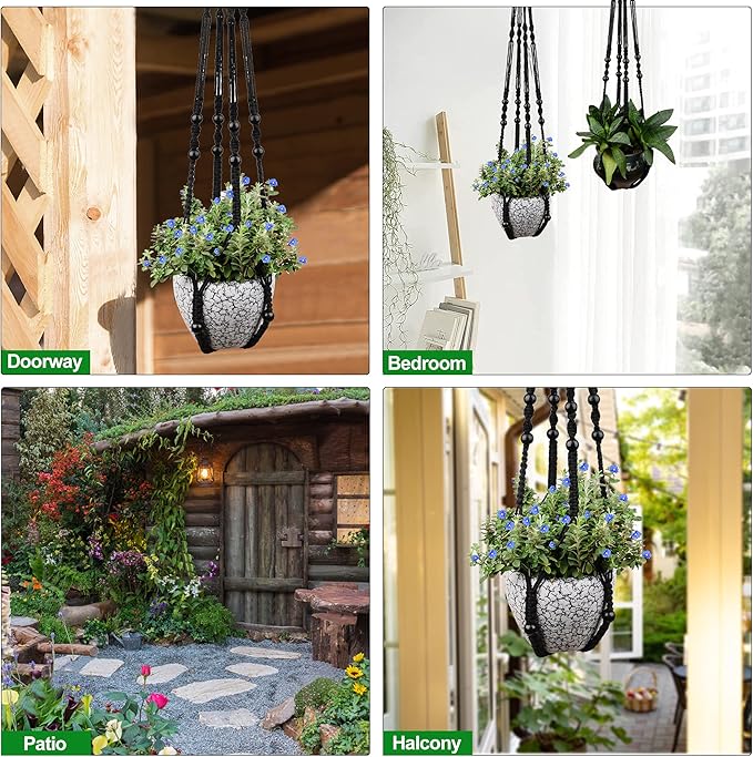 RIFNY Macrame Plant Hanger for 5 to 10 Inch Plant Pots, 35 Inch Indoor Handmade Woven Rope Hanger Kits with Hooks and Wood Beads, Hanging Planter Basket Holder for Boho Home Decor (Black, 3 Pack)