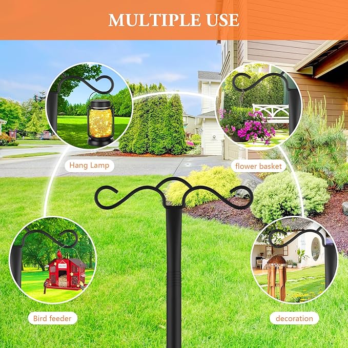 Double Shepherds Hook for Outdoor with 5 Prong Base 110 Inch Heavy Duty Two Sided Bird Feeder Pole for Hanging Lantern,Hummingbird Feeder,Lightweight Plant,Shepherds Hook for Bird Feeders for Outside