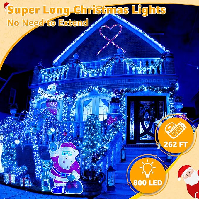 Ollny Christmas Lights Outdoor 800LED 262FT, Blue Plug in Fairy Lights with Remote, 8 Modes Waterproof Timers Dimmable LED String Lights for Indoor House Outside Bedroom Patio Balcony