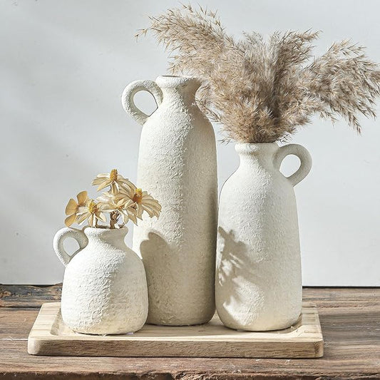 Ceramic Vase Set of 3 with Handle, Neutral Rustic Vases Home Decor Farmhouse Decorative Vase Whitewashed Pottery Decor Modern for Table Mantel Entryway Bookshelf Living Room Kitchen Bedroom - White