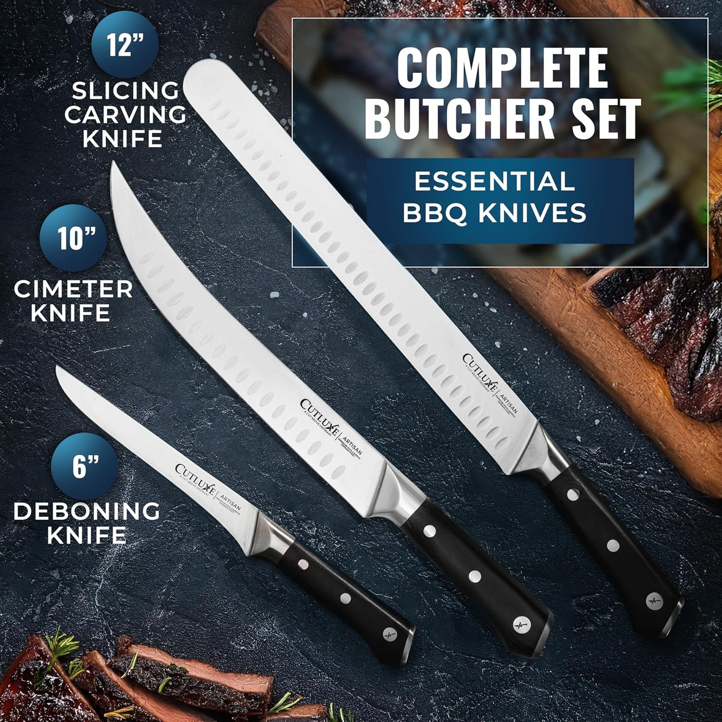 Cutluxe Butcher Knife Set – BBQ Brisket, Breaking & Boning Knife – Slicing Carving Knife Set for Meat Cutting, Ultra Sharp German Steel, Full Tang, Ergonomic Handles – Artisan Series