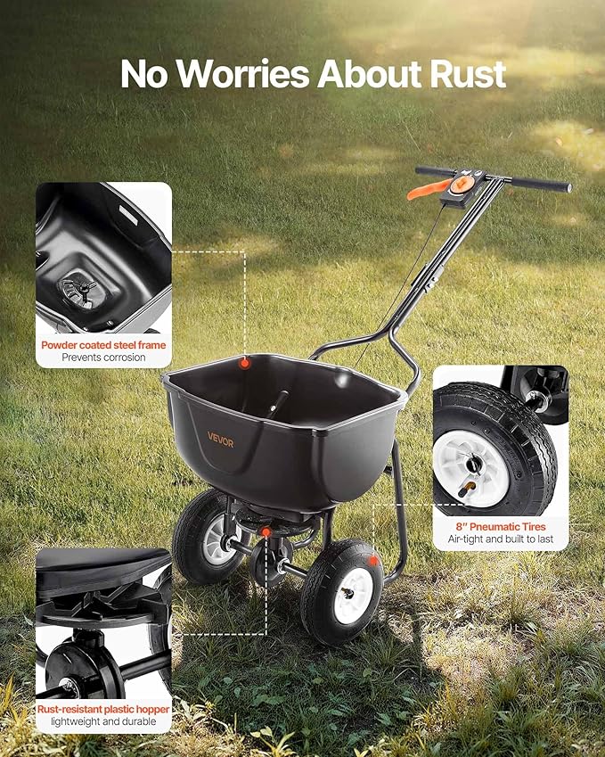VEVOR Broadcast Spreader, 60LBS Capacity, Walk-Behind Push Spreader, 0-9.8 ft Spreading Width, 10 in All Terrain Pneumatic Tires, Lawn Spreaders with Hopper Grate, for Seed, Fertilizer, Salt, Ice Melt