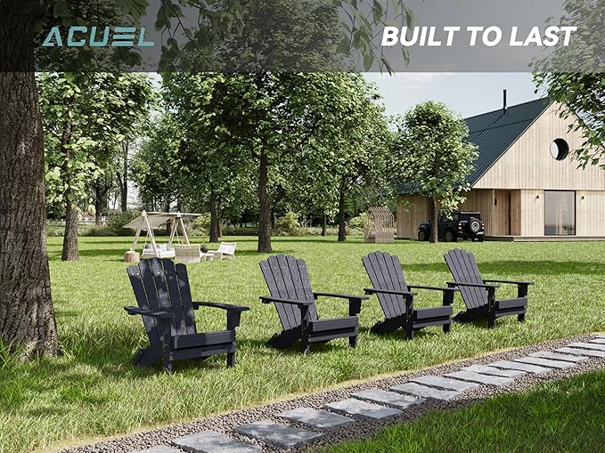 Folding HDPE Adirondack Chair Set of 2, Weather-Resistant Patio Chair with Wide Armrests & High Backrest, Fire Pit Chair for Garden, Backyard, Porch - Black