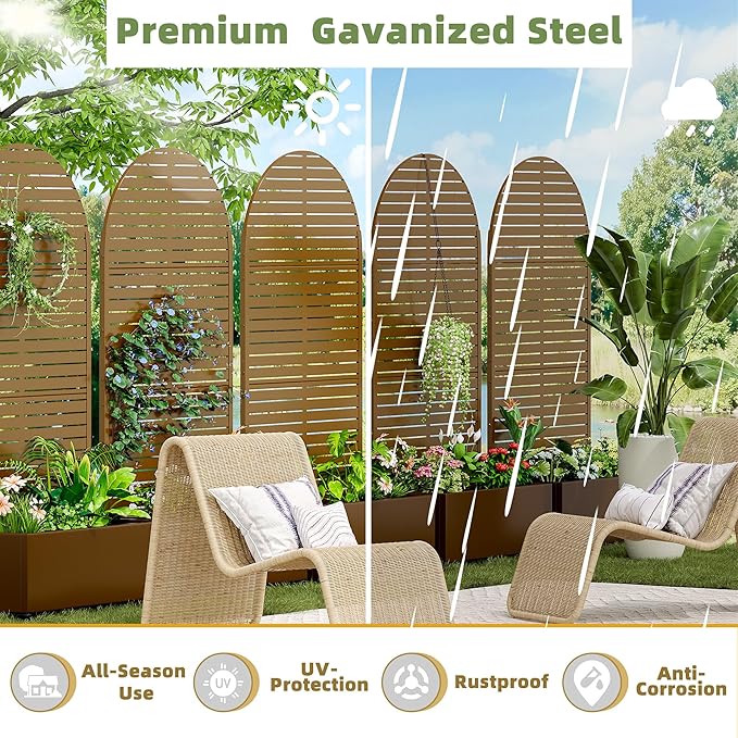 Casaphoria Metal Raised Garden Bed with Trellis and Wheels, 72"x35"x16" Arched Planter Box for Climbing Plants, Vegetables & Vines, Features Drainage Holes and Privacy Screen (Brown-Louvered)