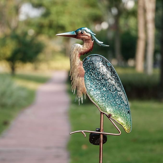 TERESA'S COLLECTIONS Blue Heron Garden Decor for Outside Solar Lights, 39" Glass Lawn Ornaments with Outdoor Lights Decorative Stake, Yard Art Decorations Outdoor for Patio Gifts for Mom Grandma