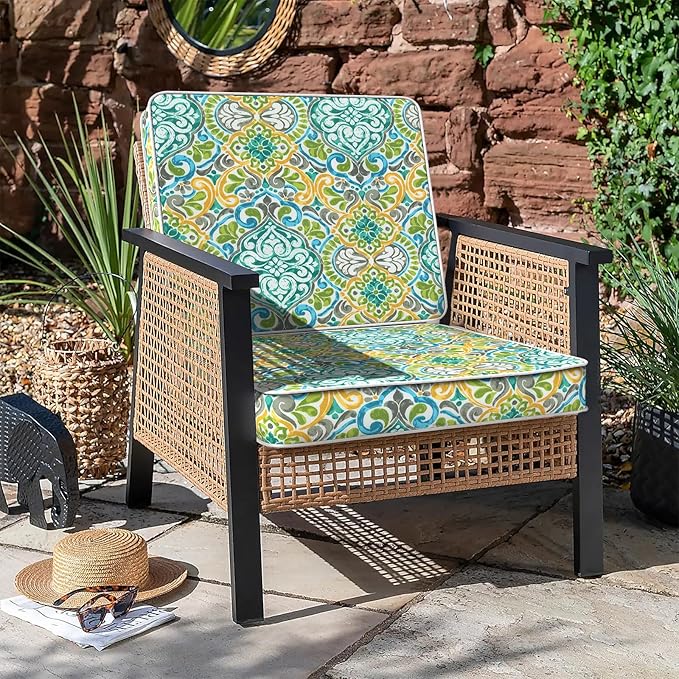 LVTXIII Patio Chair Cushions 22"x22"x3", Water-Repellent Outdoor Seat Cushions for Patio Furniture, Square Chair Pads with Ties for Home Garden Decoration, Set of 2, Damask Green