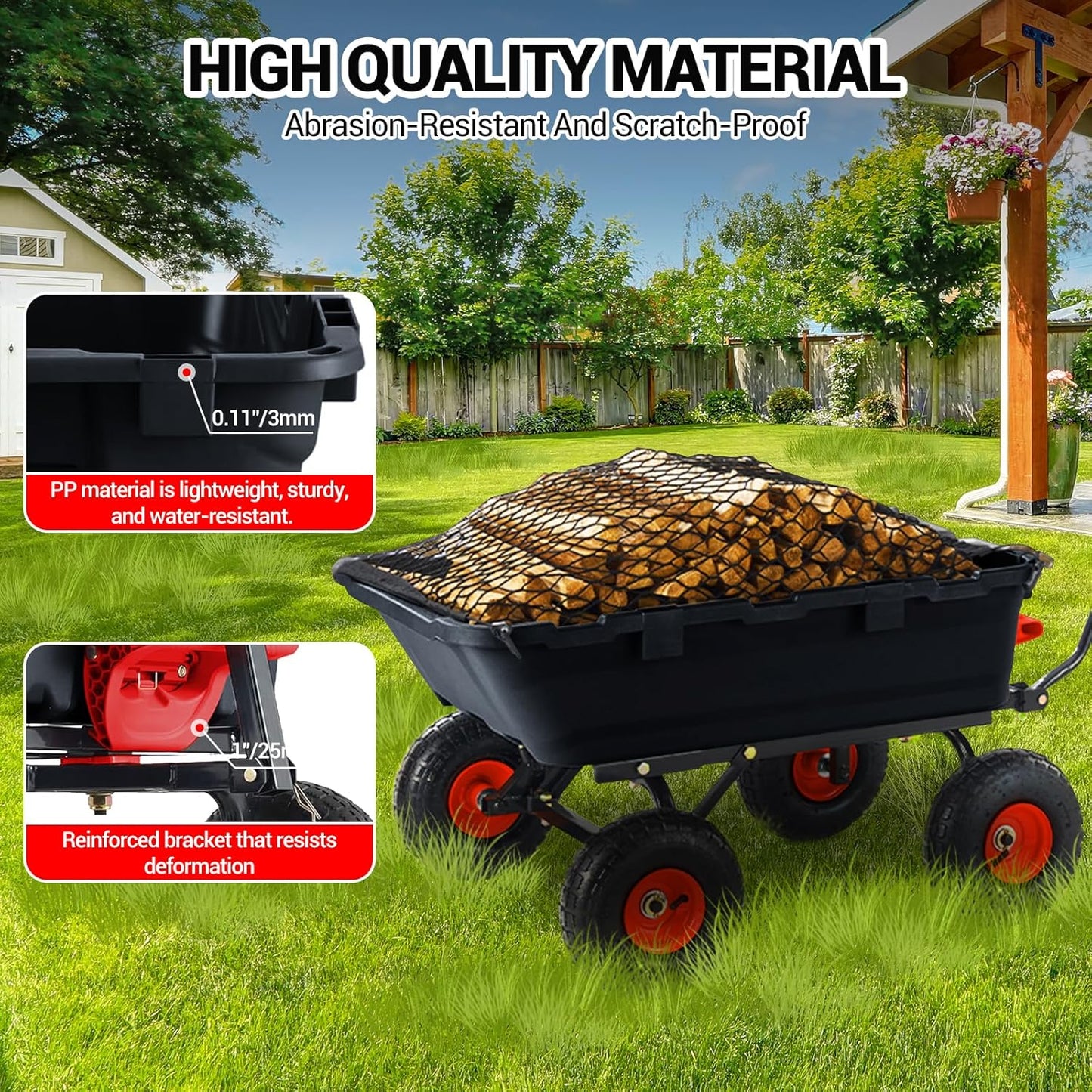 Heavy Duty Poly Utility Dump Wagon 180°Quick Release Dumping, 800 Lb Capacity Outdoor Wheelbarrow for Yard, Landscaping & Gardening