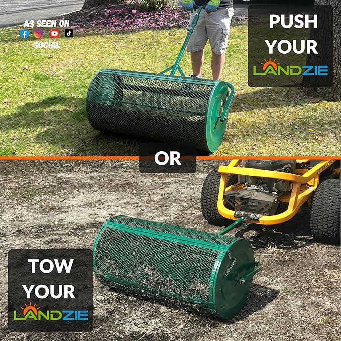 LANDZIE Lawn & Garden Spreaders - 36 Inch Heavy Duty Metal Mesh Basket Push/Tow Spreader - Compost, Peat Moss, Top Soil, Mulch - Durable Lightweight Multi-Purpose Yard Care Equipment - Manure Spreader