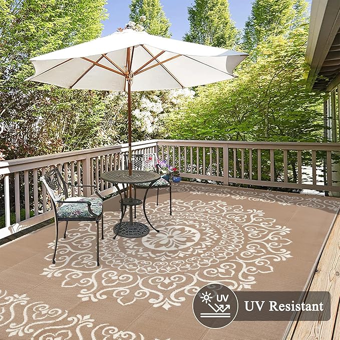 Pauwer Waterproof Outdoor Rug 9x12, Reversible Plastic Straw Patio Camping Rug, Indoor Outdoor RV Mat Carpet for Deck, Camper, Porch, Balcony, Backyard, Picnic, Floral Brown