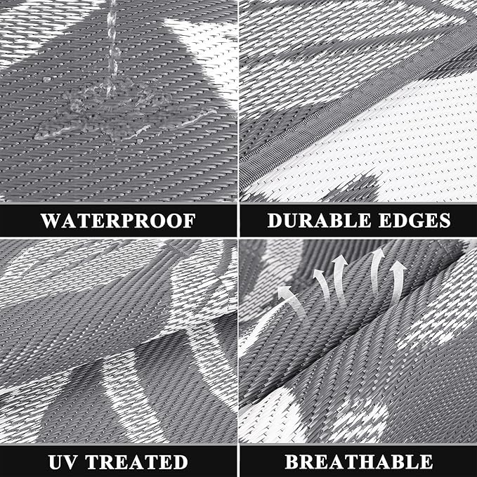 Pauwer Waterproof Outdoor Rug 8x10, Reversible Plastic Straw Patio Camping Rug, Indoor Outdoor RV Mat Carpet for Deck, Camper, Porch, Balcony, Backyard, Picnic, Floral Grey