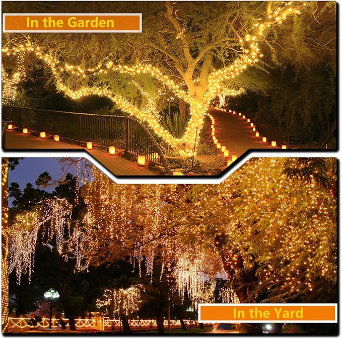 OZS 2PK 240LED 95FT Solar String Lights Outdoor Waterproof, Solar Christmas Light Auto On/Off, Green Wire Solar Tree Lights with 8 Lighting Modes for Party Garden Christmas Decorations (Warm White)