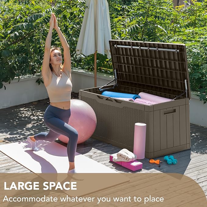 Devoko 100 Gallon Deck Box, Waterproof Resin Outdoor Storage Box with Cushion for Outside, Large Outdoor Storage Bench Cabinet Lockable for Patio Furniture and Garden Tools (Brown)