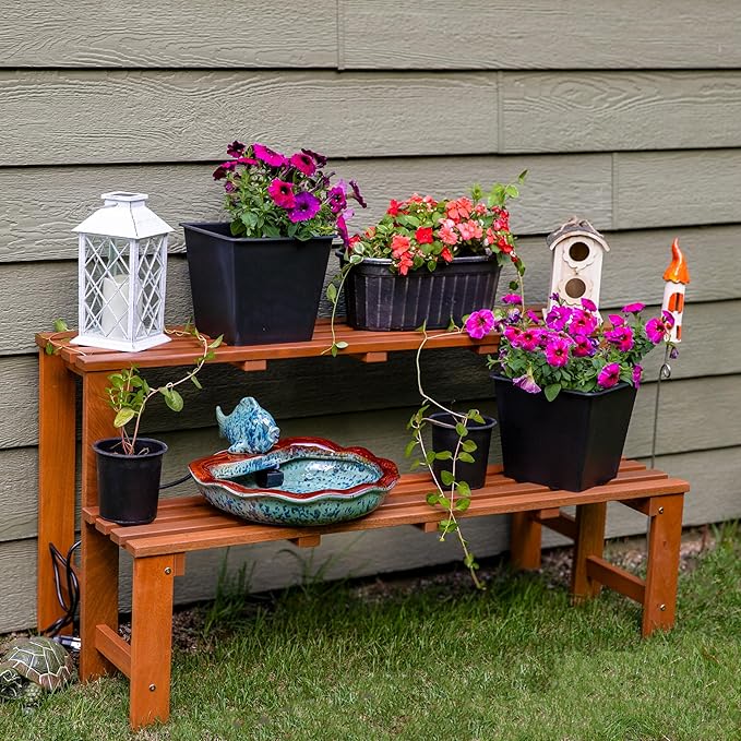 Sunnydaze 2-Tier Meranti Outdoor Wood Plant Stand - Indoor Plant Bench with Teak Oil Finish - 24-Inch