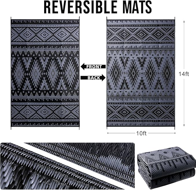 OLANLY Outdoor Rug Waterproof 10x14 ft, Reversible Outdoor Plastic Straw Rug, Boho Patio Rug, Indoor Outdoor Carpet, RV Mat Outside for Patio, Camp, Picnic, Balcony, Deck, Backyard, Black & Grey
