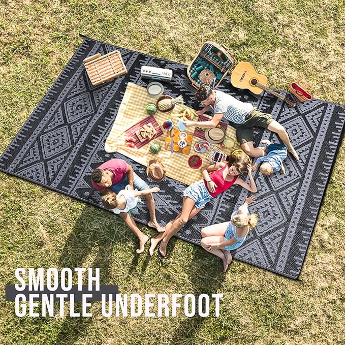 OLANLY Outdoor Rug Waterproof 4x6 ft, Reversible Outdoor Plastic Straw Rug, Boho Patio Rug, Indoor Outdoor Carpet, RV Mat Outside for Patio, Camp, Picnic, Balcony, Deck, Backyard, Black & Grey