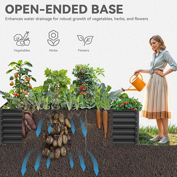 YITAHOME 8x4x2ft Large Raised Garden Bed Kit, Galvanized Metal Planter Box with Gloves, Ground Nails, Support Rod & Safety Rubber, Outdoor Above Ground Planters for Plants Vegetables Flowers, Black